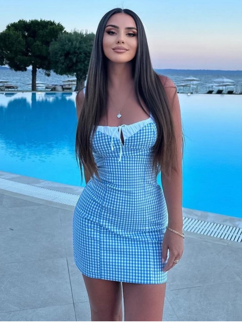 Zara Light Blue Gingham White-Trim Slip Dress in Sz: XL